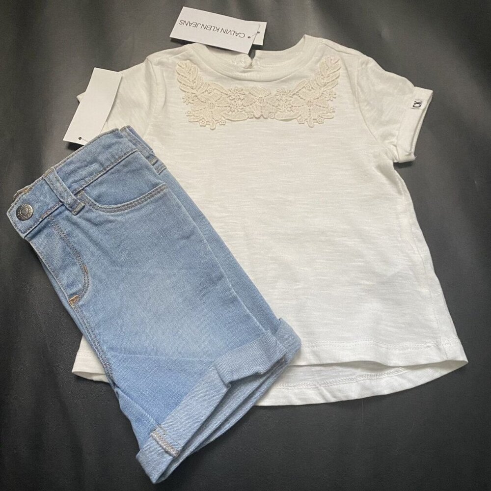 NWT Calvin Klein Jean Shorts & Tee Set Baby Girls Size 24M